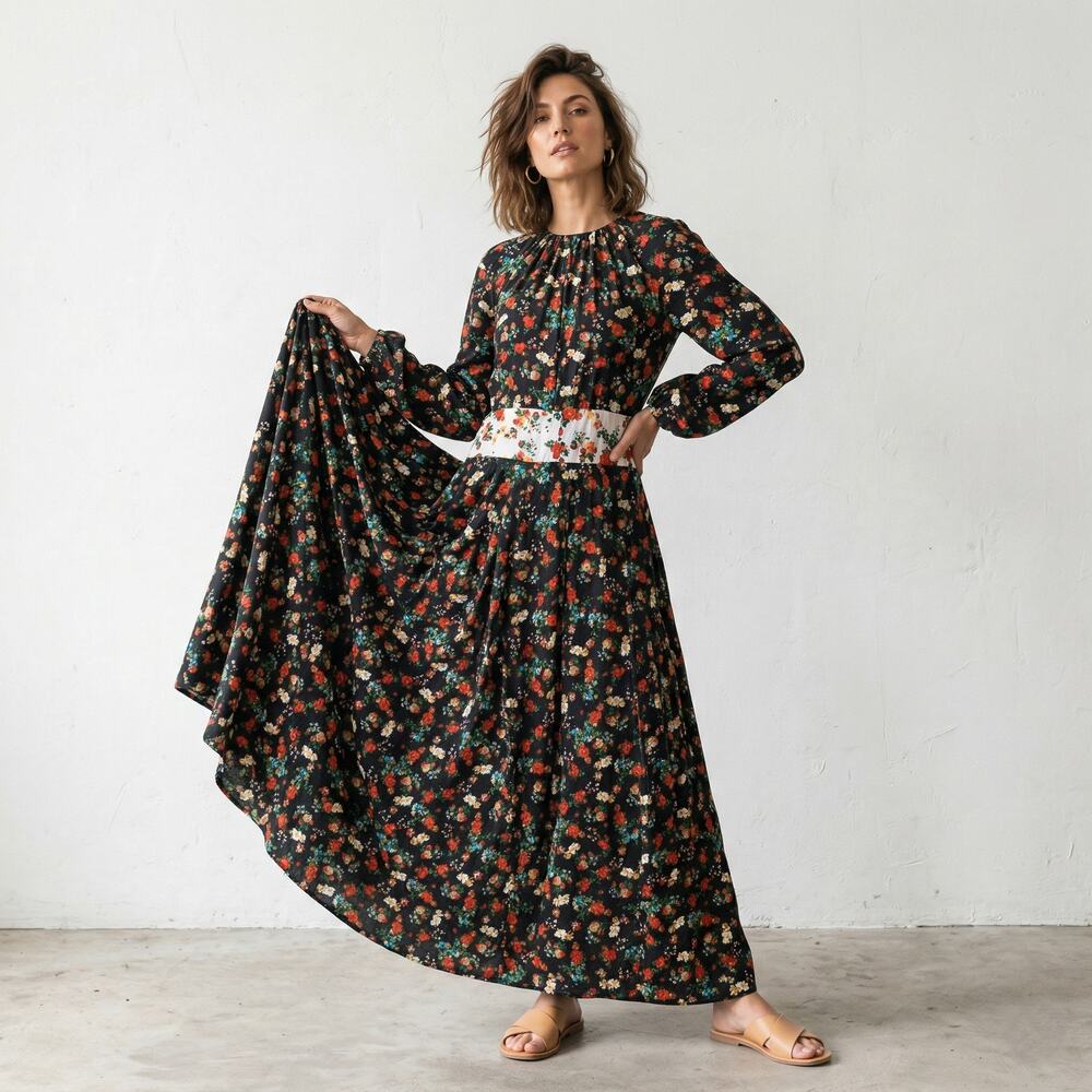 TOIT VOLANT Black Floral Maxi Dress Voluminous skirt size Small